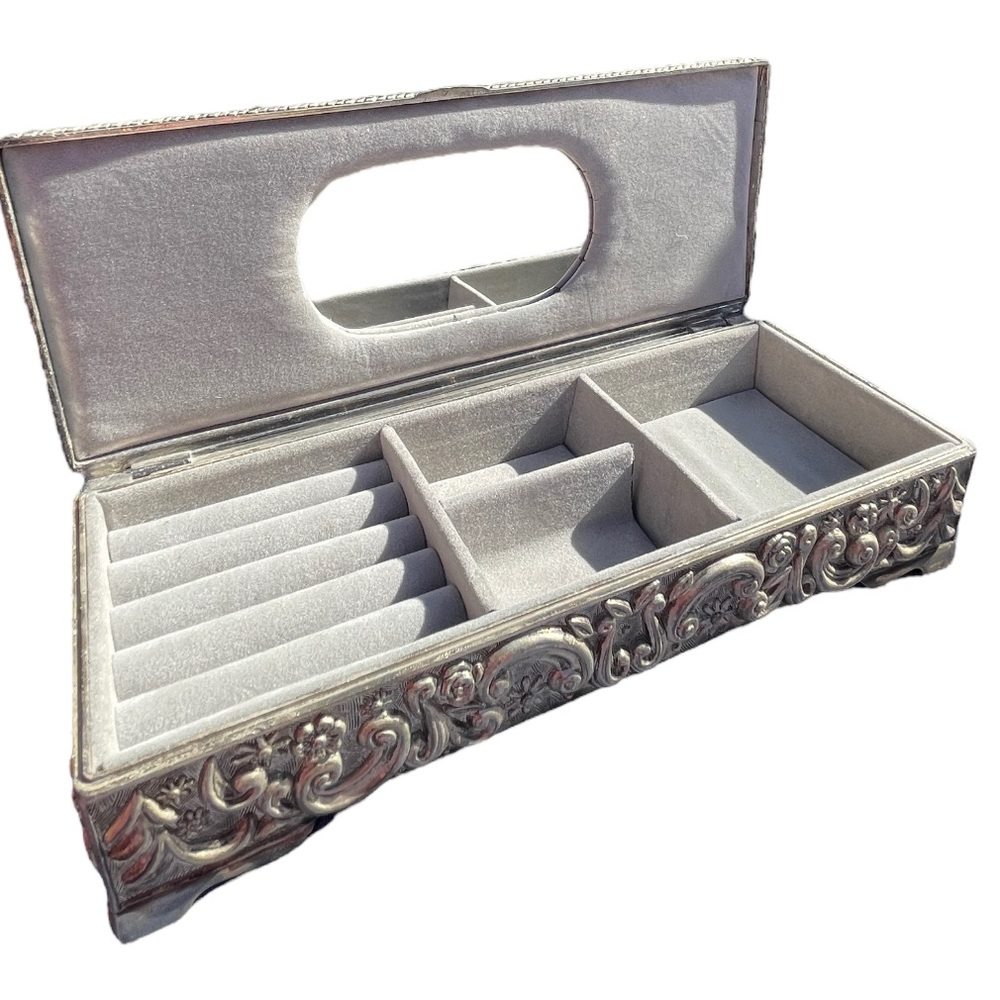 Vintage 1992 GODINGER SILVER Plated 9" X 3-7/8" Floral High Relief Jewelry Box
